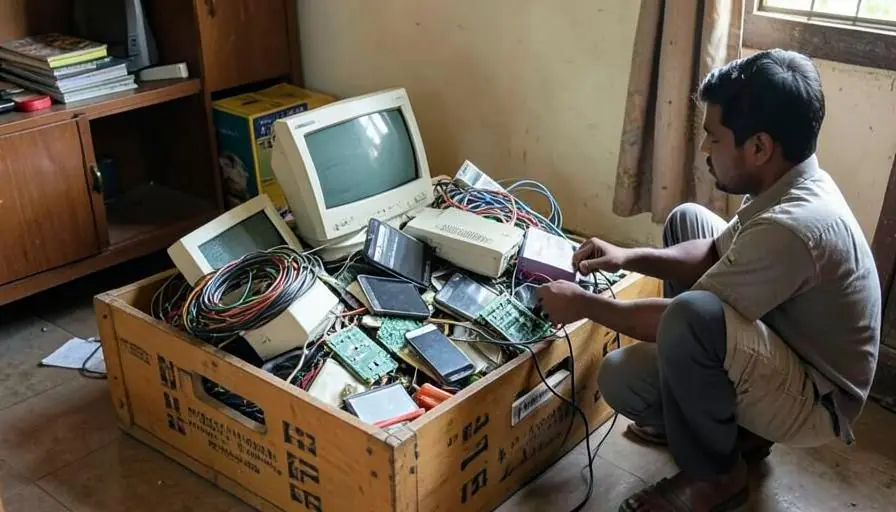 A crate of old computers, phones and cables being sorted for e-waste recycling