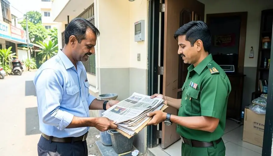 Mumbai resident selling old newspapers to a scrap pickup worker at his doorstep