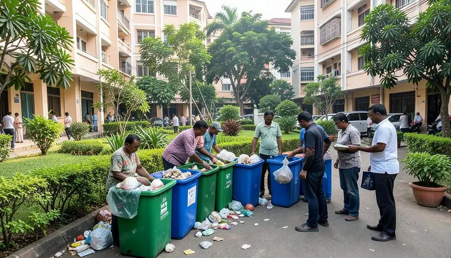 Residents of a Mumbai housing society segregating waste into green and blue bins